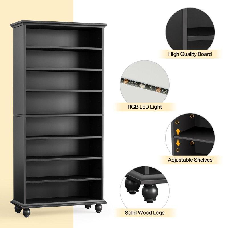 Masif Ahşap Ayaklı LED Işıklı 9 Raflı Kitaplık - 175 cm - 318933