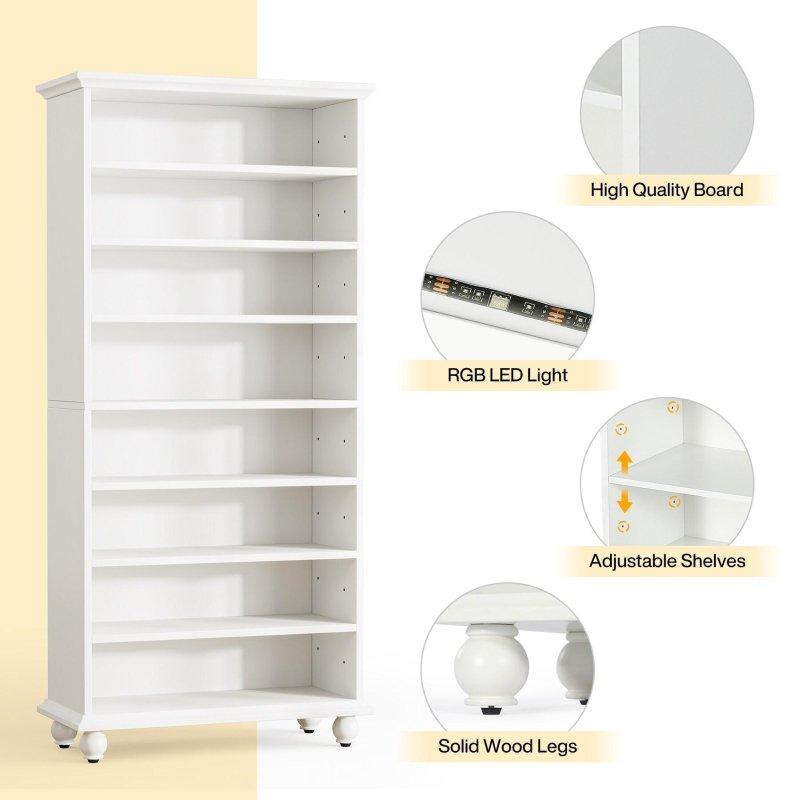 Masif Ahşap Ayaklı LED Işıklı Ayarlanabilir Raflı Kitaplık - 73x176 cm - 319002