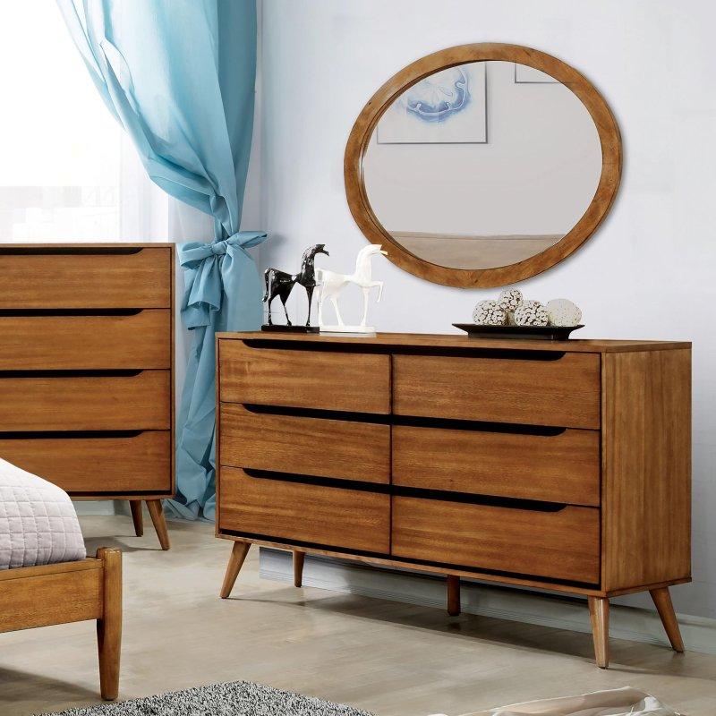 Masif Ahşap Aynalı 6 Çekmeceli Mid-Century Şifonyer Seti - 148 cm - 305137