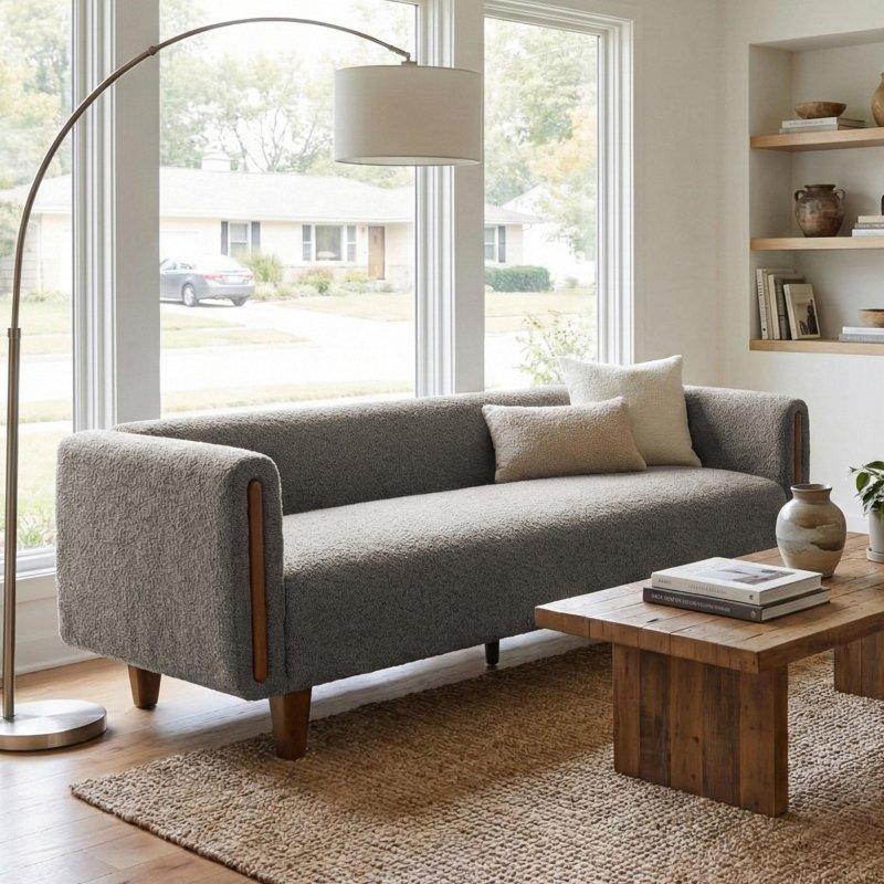 Masif Ahşap Detaylı Bukle Kumaş 3 Kişilik Modern Bohem Koltuk - 200 cm - 288067
