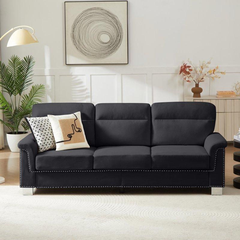 Masif Ahşap İskeletli Kadife Kumaş Zımba Detaylı 3 Kişilik Bohem Koltuk - 209 cm - 288991