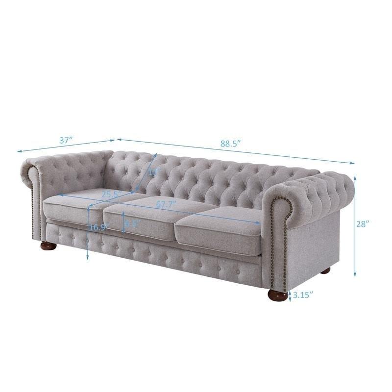 Masif Ahşap İskeletli Keten Kumaş 3 Kişilik Chesterfield Bohem Koltuk - 225 cm - 282123