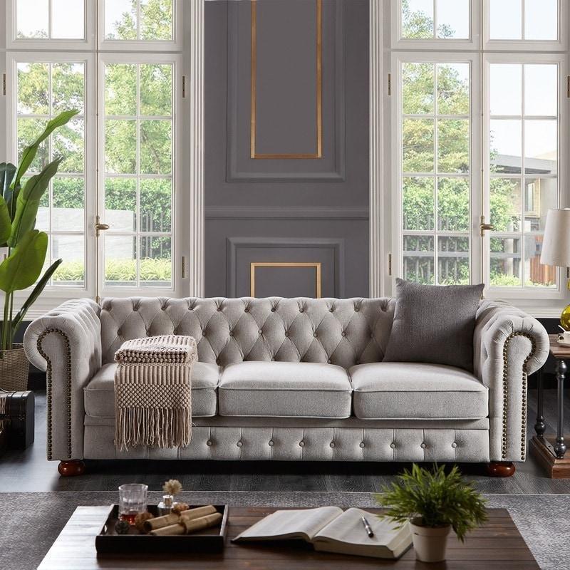 Masif Ahşap İskeletli Keten Kumaş 3 Kişilik Chesterfield Bohem Koltuk - 225 cm - 282123