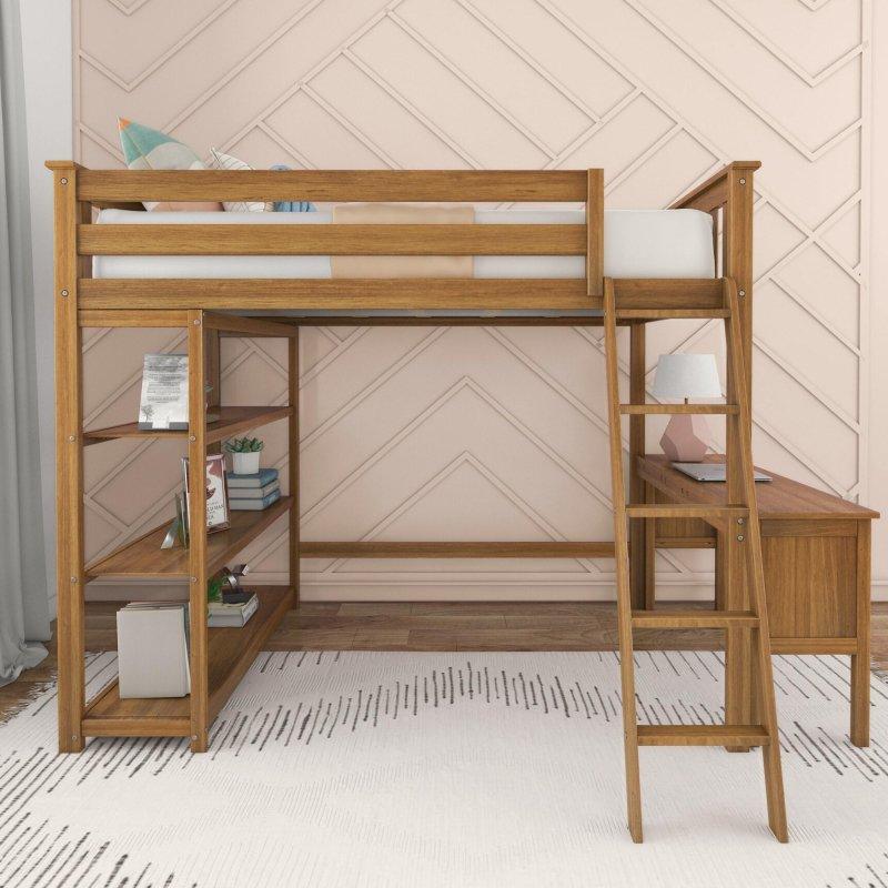 Masif Ahşap Kitaplıklı ve Çalışma Masalı Yüksek Ranza - 249755