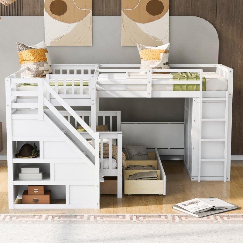 Masif Ahşap L Şekilli Dolaplı ve Çalışma Masalı Ranza - 250576