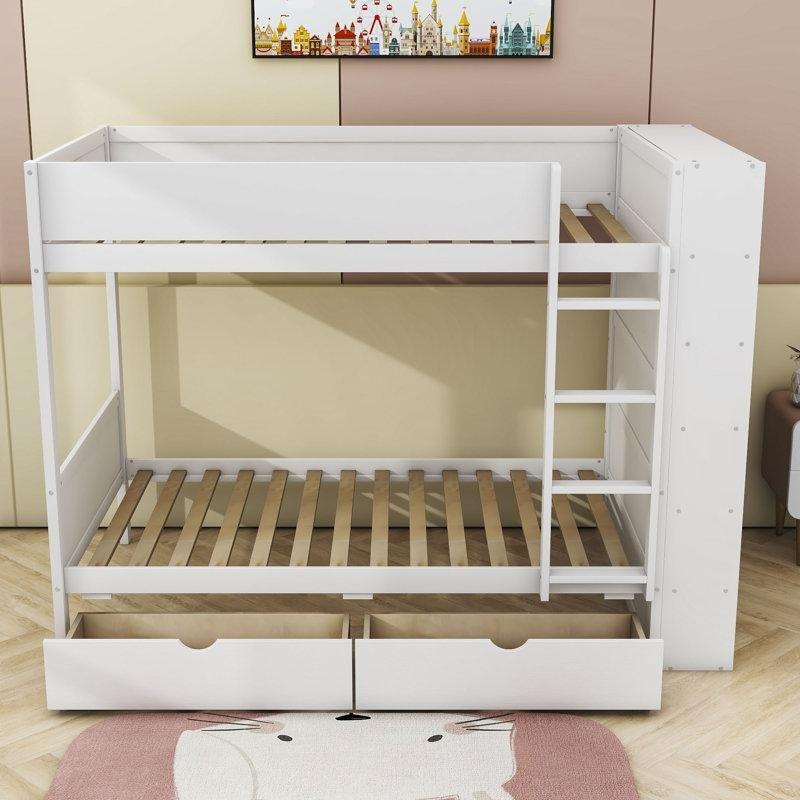 Masif Ahşap MDF Çekmeceli Kitaplıklı Dolaplı Ranza - 108x198 cm - 247859