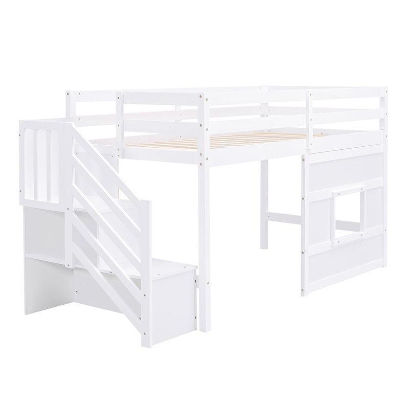 Masif Ahşap Pencereli ve Depolamalı Merdivenli Altı Boş Ranza - 107x241 cm - 248578