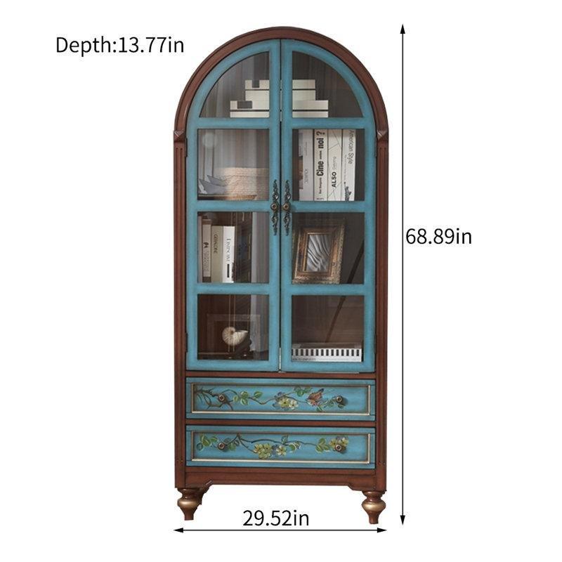 Masif Ahşap Retro 2 Çekmeceli Cam Kapaklı Kitaplık - 175x75x35 cm - 238560