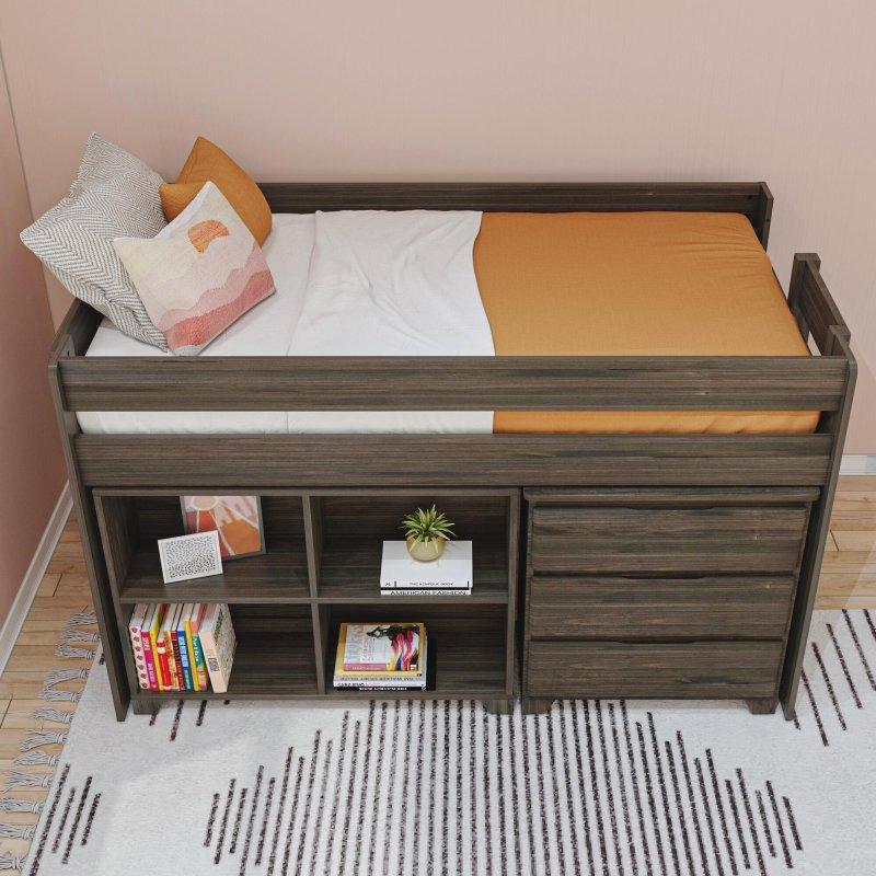 Masif Ahşap Şifonyerli ve Kitaplıklı Kır Evi Alçak Ranza - 250116