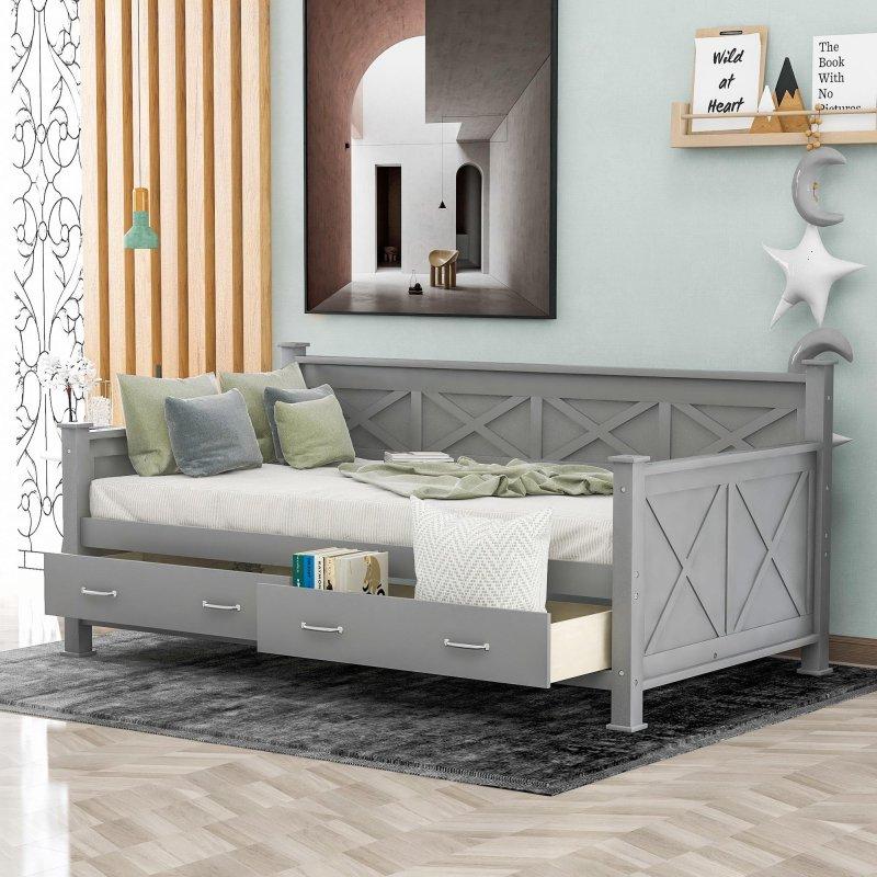 Masif Ahşap ve MDF 2 Çekmeceli X Çerçeve Tasarımlı Daybed Karyola - 330018