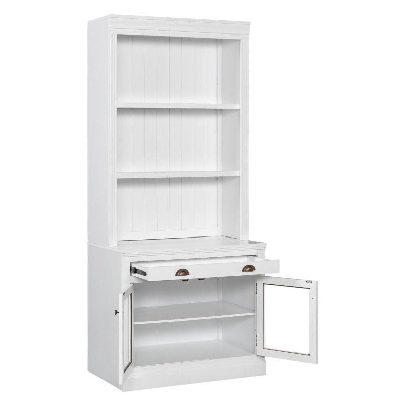 Masif Ahşap ve MDF Cam Kapaklı Çekmeceli Ayarlanabilir Raflı Kitaplık - 91x57x212 cm - 318724