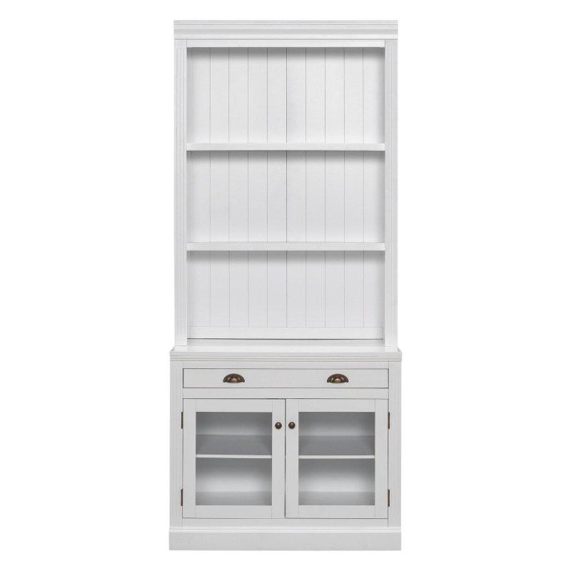 Masif Ahşap ve MDF Cam Kapaklı Çekmeceli Ayarlanabilir Raflı Kitaplık - 91x57x212 cm - 318724