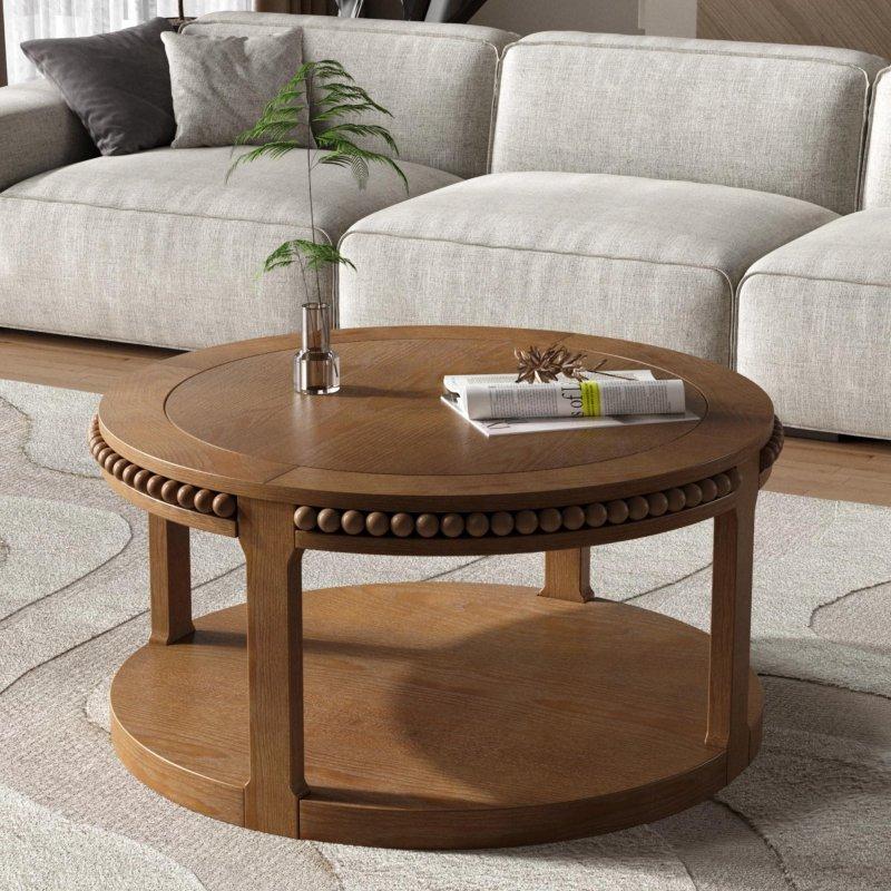 Masif Ahşap ve MDF Çift Raflı Yuvarlak Orta Sehpa - 81x46 cm - 240775