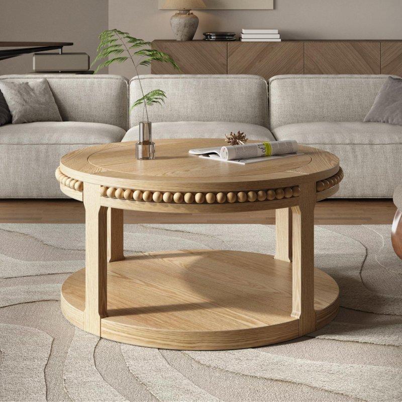 Masif Ahşap ve MDF Çift Raflı Yuvarlak Orta Sehpa - 81x46 cm - 240775