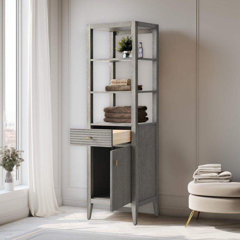 Masif Ahşap ve MDF Yavaş Kapanır Kapaklı ve Çekmeceli Çok Amaçlı Banyo Dolabı - 54x44x183 cm - 334219
