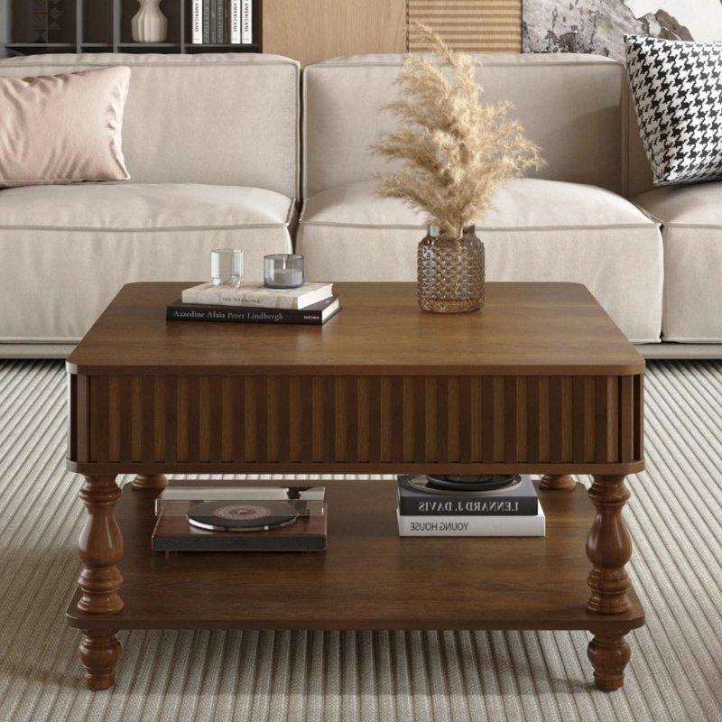 Masif Ahşap ve MDF Yivli Asansörlü Raflı Akıllı Sehpa - 81x81 cm - 254443
