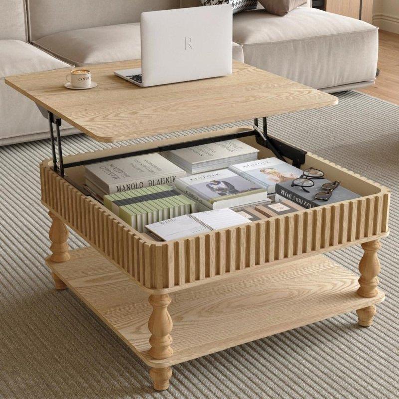 Masif Ahşap ve MDF Yivli Asansörlü Raflı Akıllı Sehpa - 81x81 cm - 254443