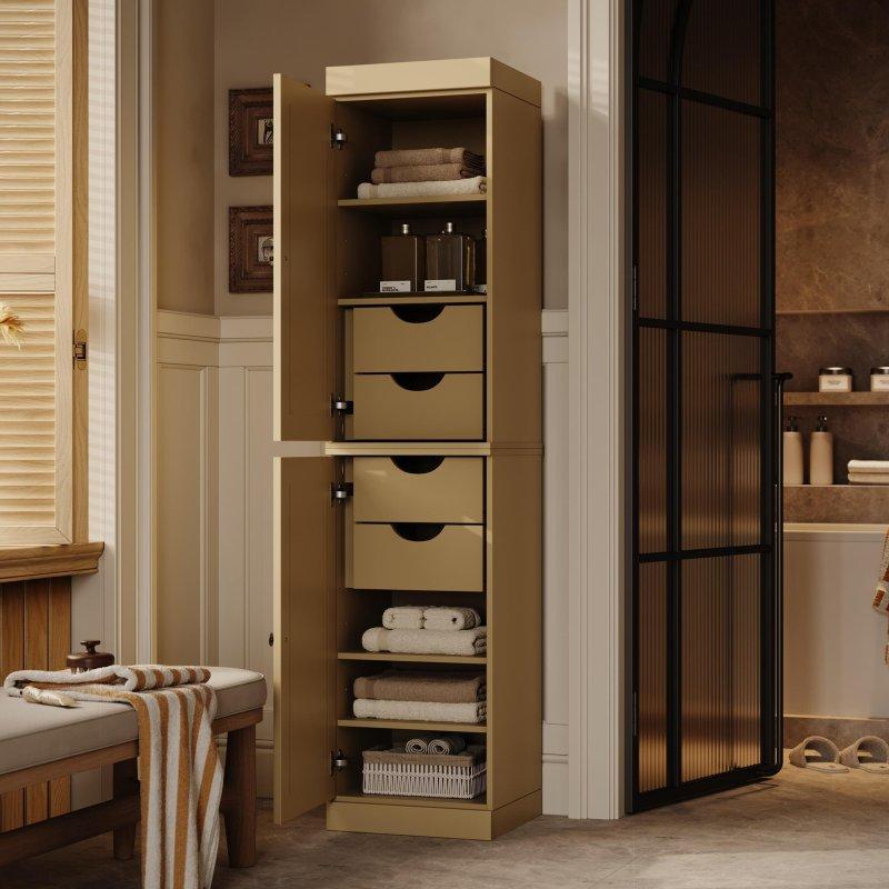 Masif Çam Ağacı 4 Çekmeceli Ayarlanabilir Raflı Dar Çok Amaçlı Banyo Dolabı - 42x182 cm - 334452
