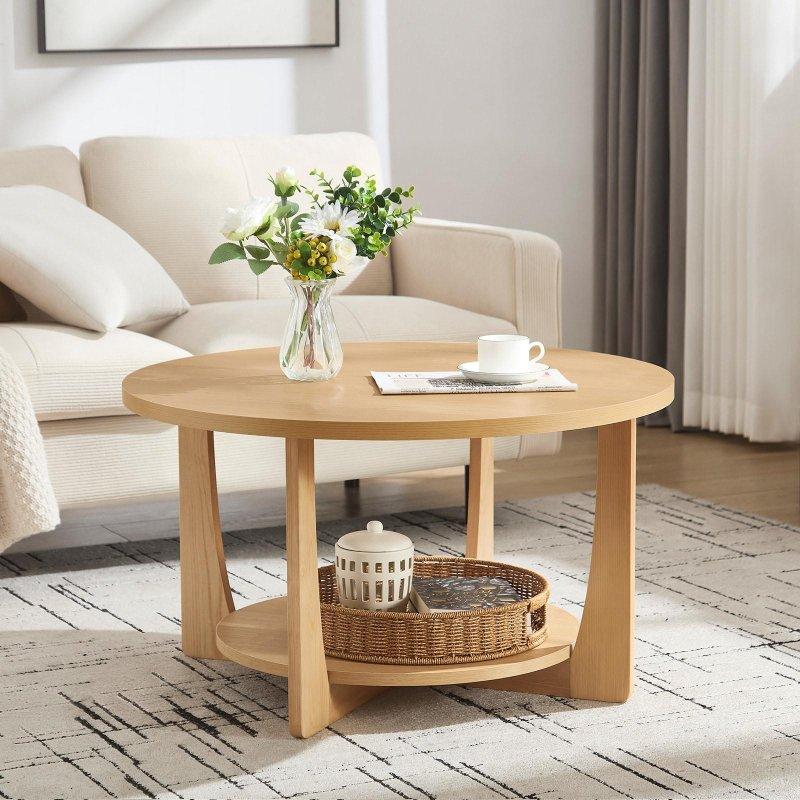 Masif Çam Ağacı Ayaklı İki Katlı Raflı Yuvarlak Orta Sehpa - 81 cm - 243449
