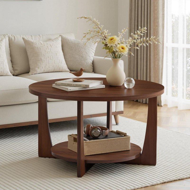 Masif Çam Ağacı Ayaklı İki Katlı Raflı Yuvarlak Orta Sehpa - 81 cm - 243449