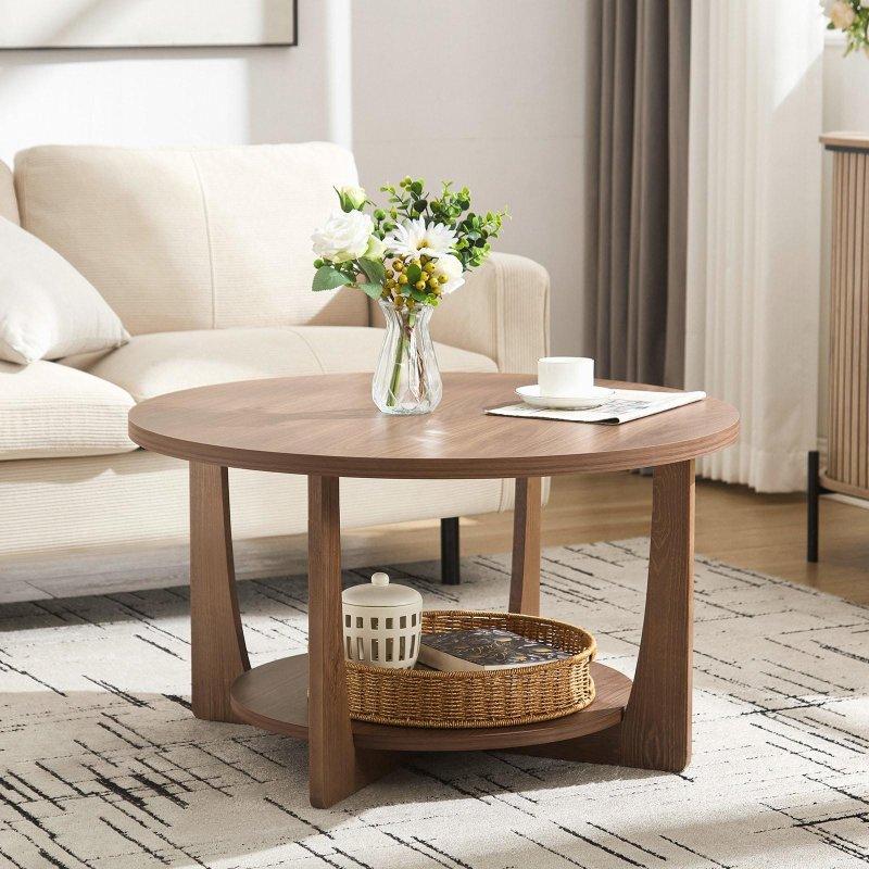 Masif Çam Ağacı Ayaklı İki Katlı Raflı Yuvarlak Orta Sehpa - 81 cm - 243449