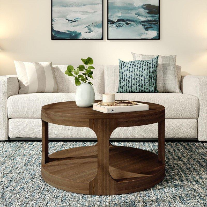 Masif Çam Ağacı Raflı Yuvarlak Orta Sehpa - 87 cm - 243536