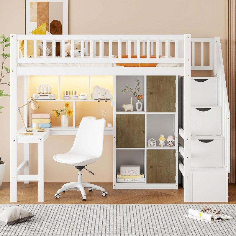 Masif Çam Ağacı ve MDF Çalışma Masalı LED Işıklı Depolama Alanlı Merdivenli Ranza - 240x106x172 cm - 249665