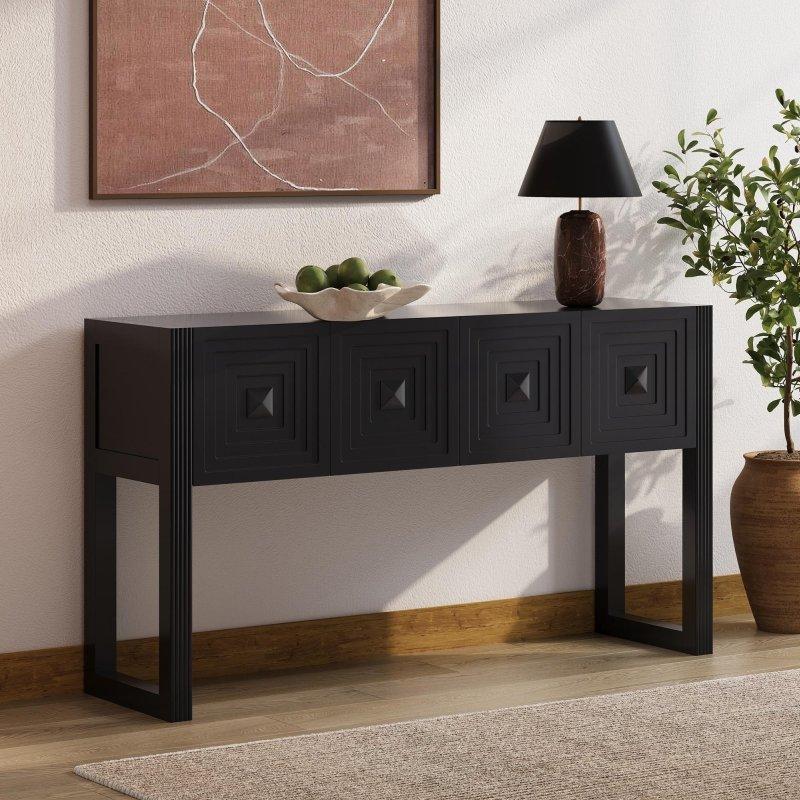 Masif Çam Ağacı ve MDF Geometrik Oymalı 3 Çekmeceli Yivli Ayaklı Dresuar - 140 cm - 332086