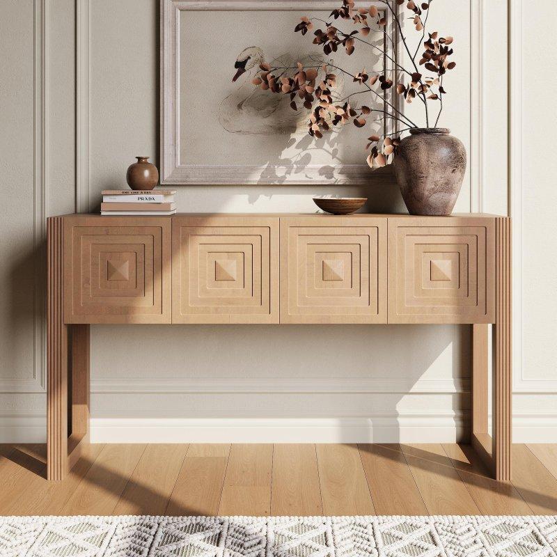 Masif Çam Ağacı ve MDF Geometrik Oymalı 3 Çekmeceli Yivli Ayaklı Dresuar - 140 cm - 332086