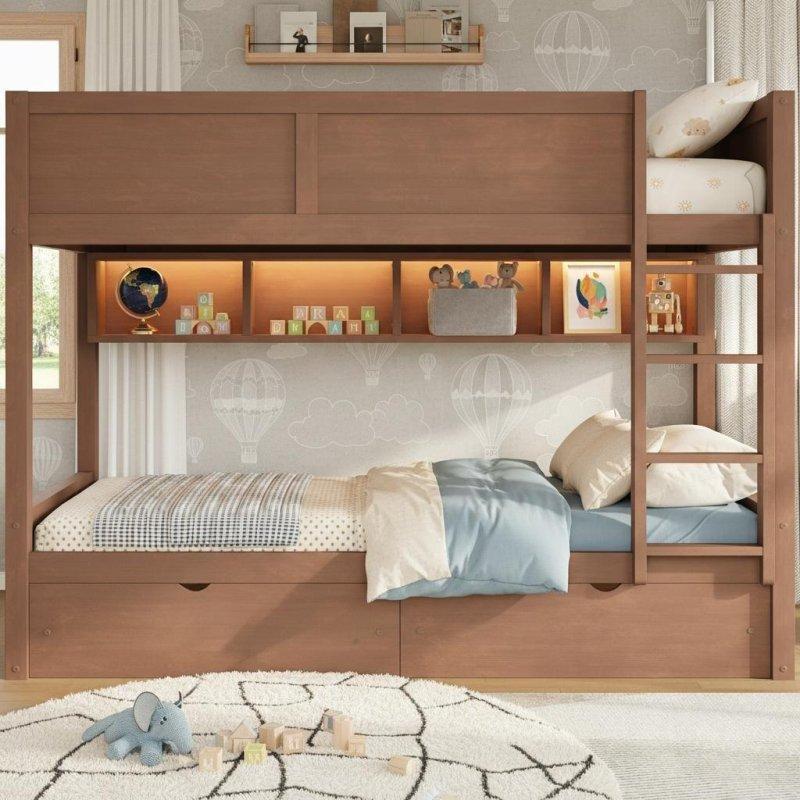 Masif Çam Ağacı ve MDF LED Işıklı Çekmeceli Ranza - 211x148x170 cm - 250580