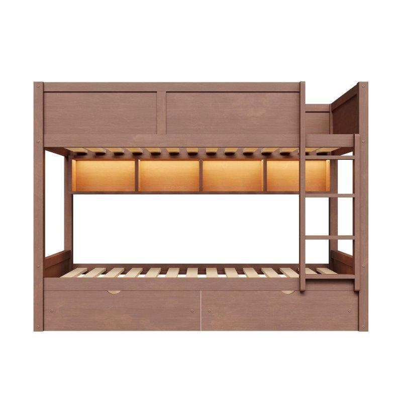 Masif Çam Ağacı ve MDF LED Işıklı Çekmeceli Ranza - 211x148x170 cm - 250580
