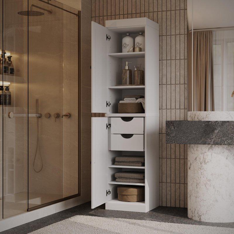 Masif Çam Ahşap 2 Çekmeceli Ayarlanabilir Raflı Dar Çok Amaçlı Banyo Dolabı - 182 cm - 334267