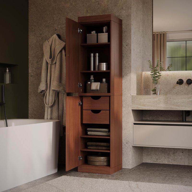 Masif Çam Ahşap 2 Çekmeceli Ayarlanabilir Raflı Dar Çok Amaçlı Banyo Dolabı - 42x182 cm - 334415