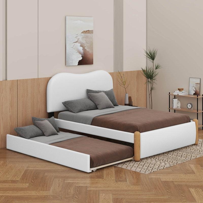 Masif Çam ve MDF Bukle Kumaş Döşemeli Yavru Yataklı Karyola - 150x203 cm - 329077