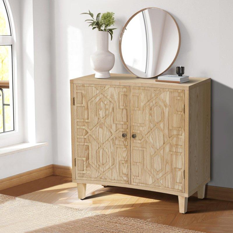 Masif Çam ve MDF Geometrik Desenli Ayarlanabilir Raflı İki Kapaklı Bohem Konsol - 82 cm - 325422