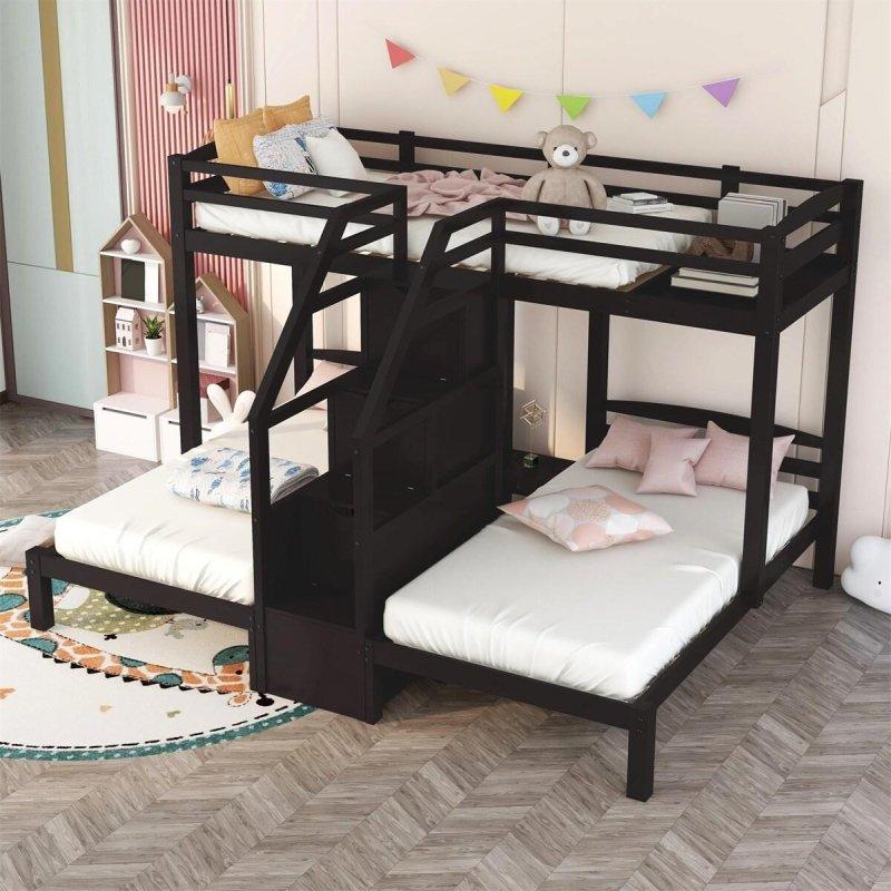 Masif Çam ve MDF Merdivenli ve Çekmeceli Üç Yataklı Ranza - 260x203 cm - 249251
