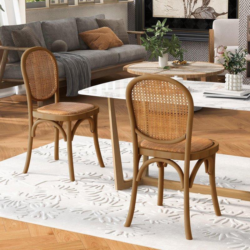 Masif Huş Ağacı Kavisli Vintage Tasarım Rattan Sandalye 2li Set - 252497