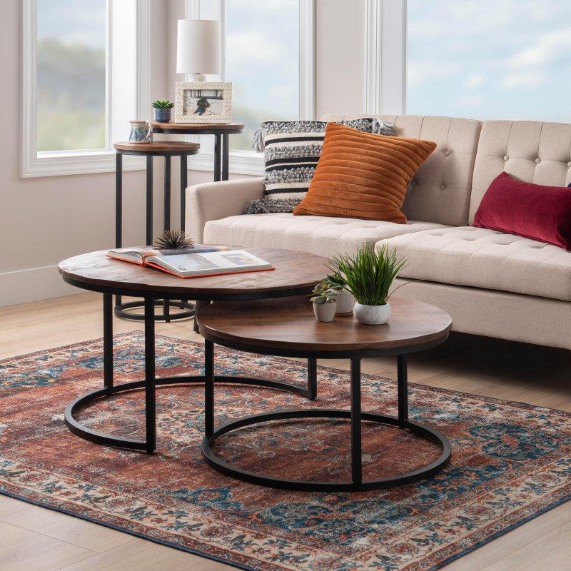 Masif Mango Ağacı ve Metal İç İçe Geçen 2li Set Yuvarlak Orta Sehpa - 79 cm - 241175