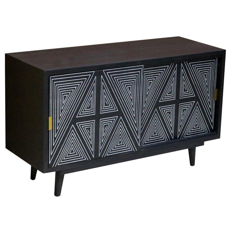 Masif Mango Ahşap Geometrik Desenli Sürgülü Kapaklı Bohem Konsol - 112 cm - 325169