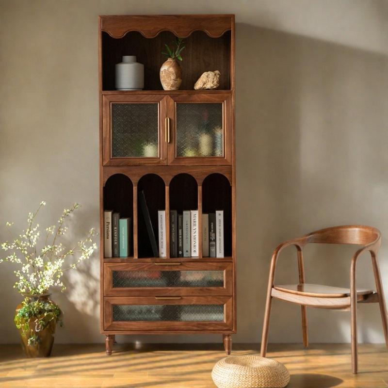 Masif Siyah Ceviz Retro Tasarım Çekmeceli Cam Kapaklı Kitaplık - 200x90x40 cm - 238362