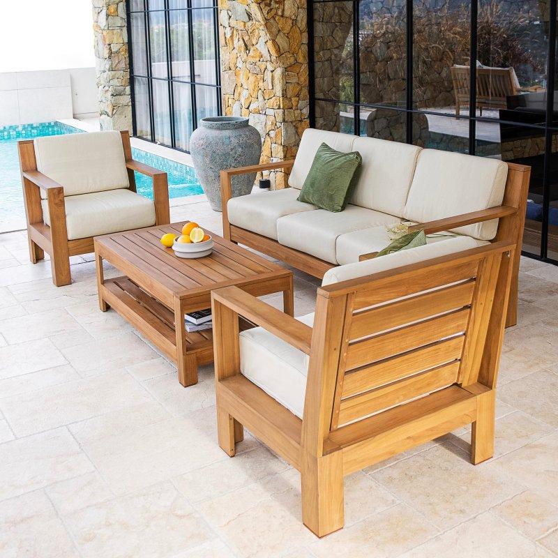 Masif Tik Ağacı Sunbrella Minderli 4 Parça 5 Kişilik Bahçe Takımı - 275532