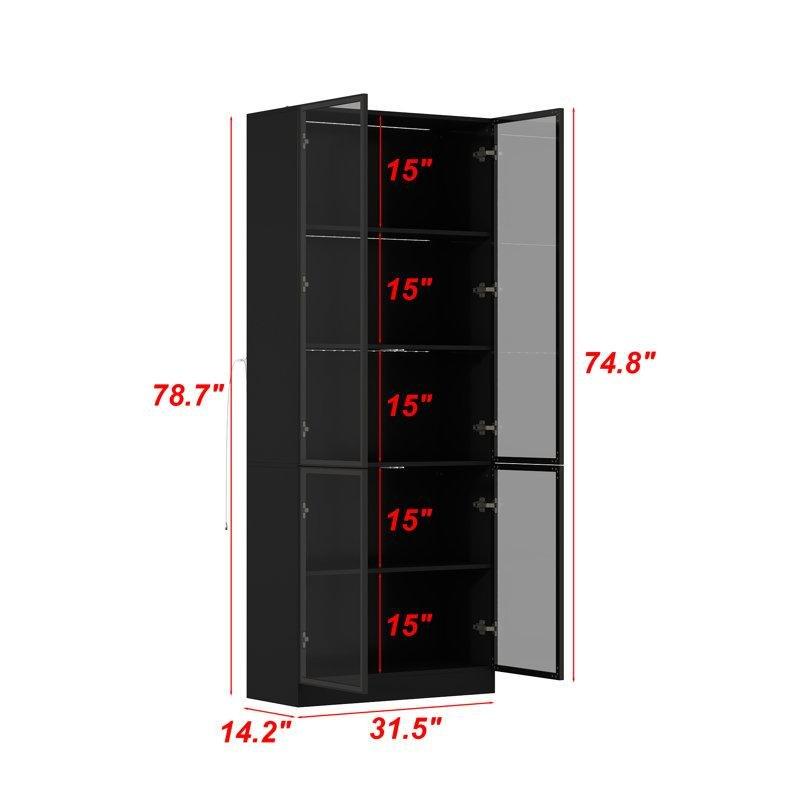Masif ve Endüstriyel Ahşap LED Aydınlatmalı 5 Katlı Cam Kapaklı Kitaplık - 200x81 cm - 238851
