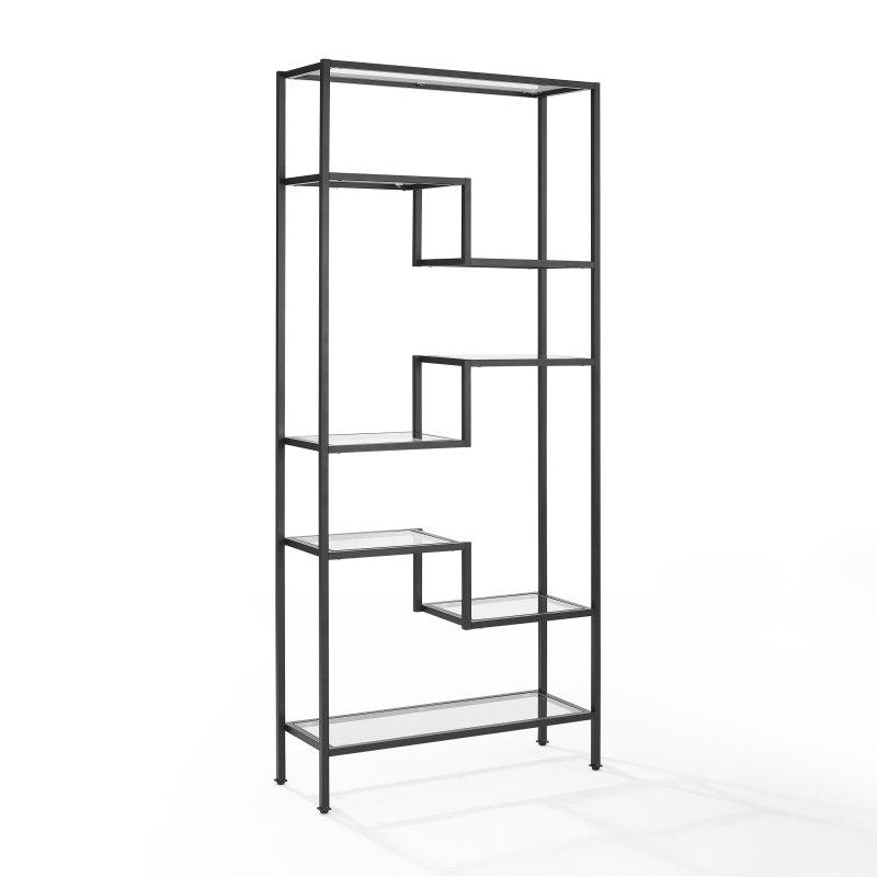 Mat Siyah Çelik ve Cam 7 Raflı Geometrik Kitaplık - 199x88 cm - 318616