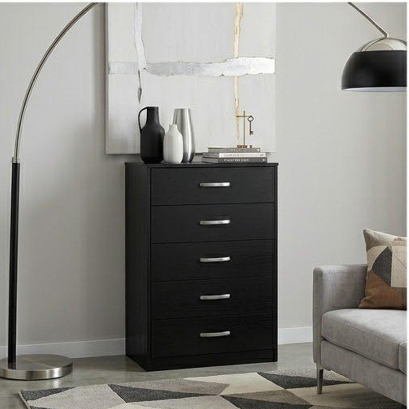 Mat Siyah Gümüş Metal Kulplu 5 Çekmeceli Ahşap Şifonyer - 116 cm - 306128
