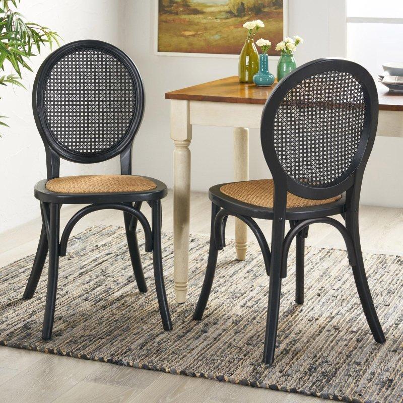 Mat Siyah Karaağaç Minderli Oval Sırtlı 2li Set Rattan Sandalye - 252779
