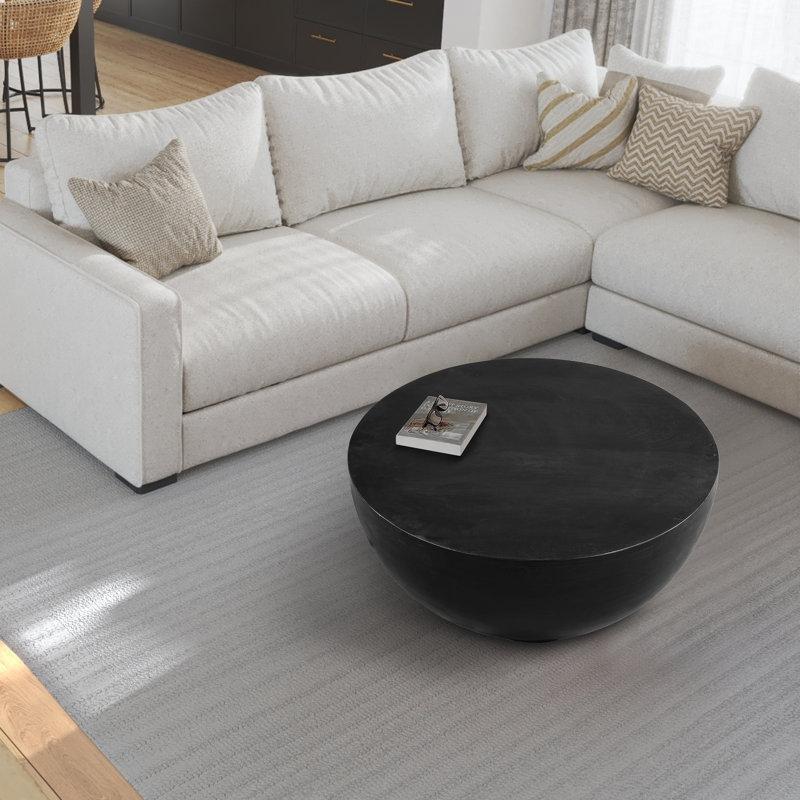 Mat Siyah Masif Mango Ağacı El Yapımı Tambur Tasarım Yuvarlak Orta Sehpa - 77x41 cm - 245760