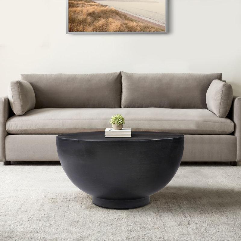 Mat Siyah Masif Mango Ağacı El Yapımı Tambur Tasarım Yuvarlak Orta Sehpa - 77x41 cm - 245760
