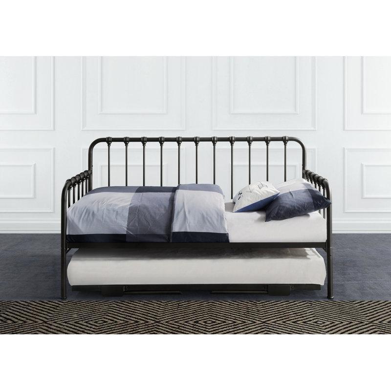 Mat Siyah Metal Açılır Kavisli Kollu Yavru Yataklı Karyola - 200x106 cm - 328414