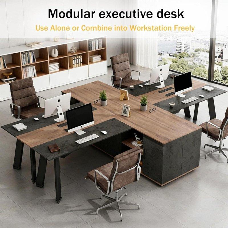 Maun ve Siyah Taş Desenli Metal Ayaklı Raflı ve Dolaplı L Tipi Ofis Masası - 161x120 cm - 326293