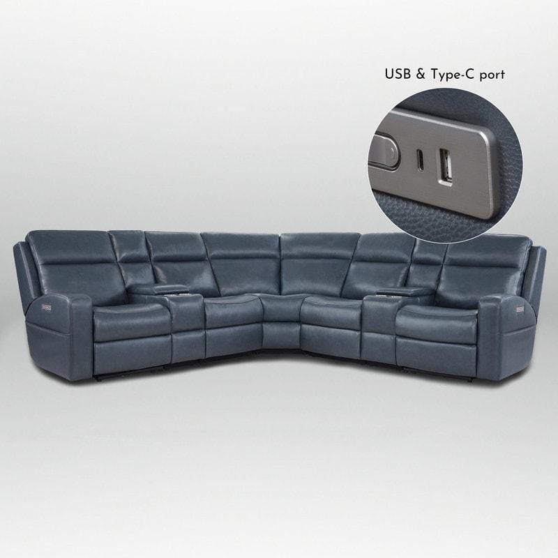 Mavi Hakiki Deri Elektrikli Mekanizmalı USB Portlu Konsollu Köşe Koltuk - 280x280 cm - 257639